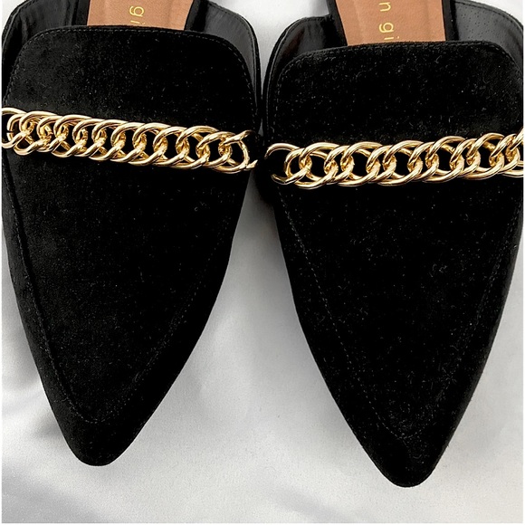 G-Batta Black Velvet Slide in Flats Golden Toe Chain Velvet Mules - Picture 1 of 4